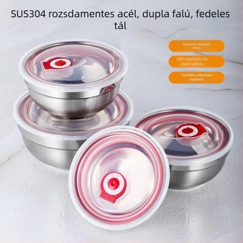 Két rétegű rozsdamentes acél termoszos tál, frissen tartja az ételeket és melegen, égésgátló, otthoni használatra, rizs- és leveses tál, modern minimalista kialakítás