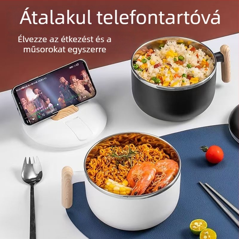 304 rozsdamentes acél instant tészta tál, nagy kapacitású, fedővel, leszívó/leeresztő funkcióval, szigetelt ebédes doboz