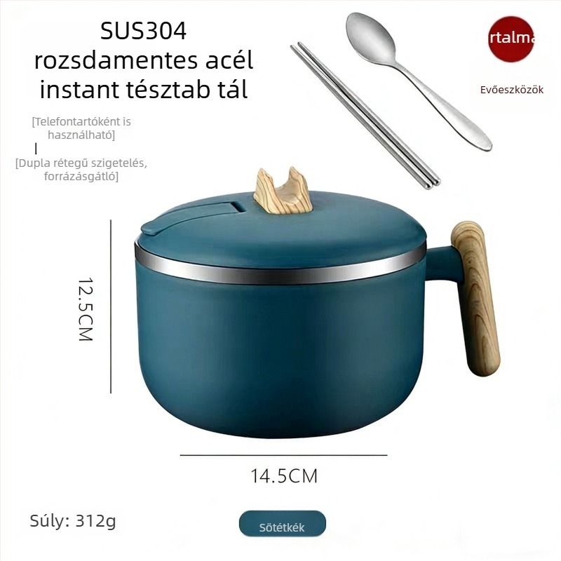 304 rozsdamentes acél instant tészta tál, nagy kapacitású, fedővel, leszívó/leeresztő funkcióval, szigetelt ebédes doboz