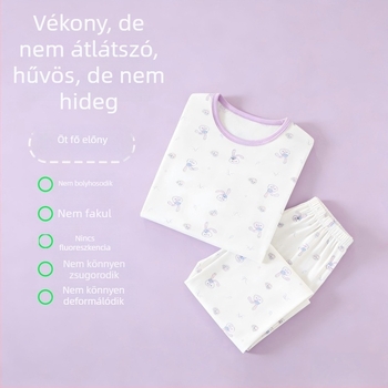 Lyocell nyári gyerekeknek készült loungewear szett, könnyű, 3/4-ujjak, Capri nadrág, rajzfilm minta, uniszex