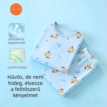 Lyocell nyári gyerekeknek készült loungewear szett, könnyű, 3/4-ujjak, Capri nadrág, rajzfilm minta, uniszex
