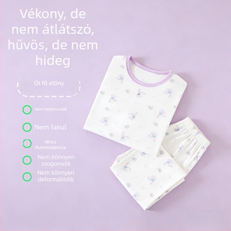 Lyocell nyári gyerekeknek készült loungewear szett, könnyű, 3/4-ujjak, Capri nadrág, rajzfilm minta, uniszex