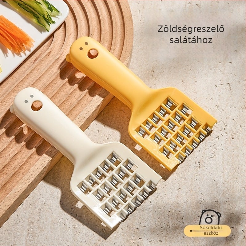 Kacsa alakú, többfunkciós vágó‑reszelő zöldségekhez, biztonságos a kezeknek, gyors otthoni használatra