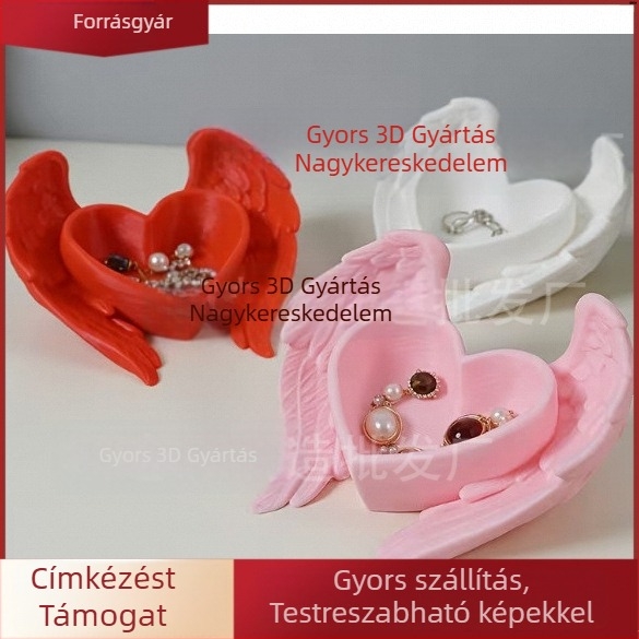 3D-nyomtatott rózsaszín szív–szárnyas asztali rendező ékszerekhez