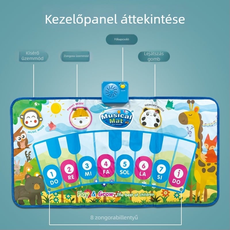 Interakív zenés táncmatrac gyerekeknek karikatúra állatokkal és zongorabeállításokkal – tanuló matrac kúszásra és járásra
