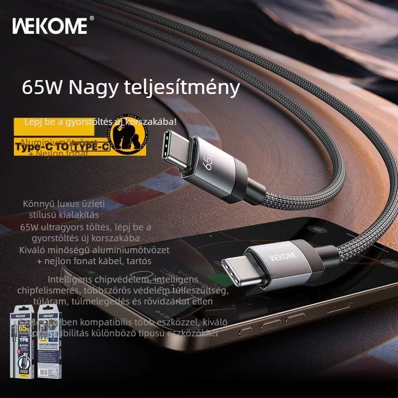 Wekome 65W gyors töltésű szövött USB-C kábel intelligens chip védelemmel Apple és Huawei készülékekhez