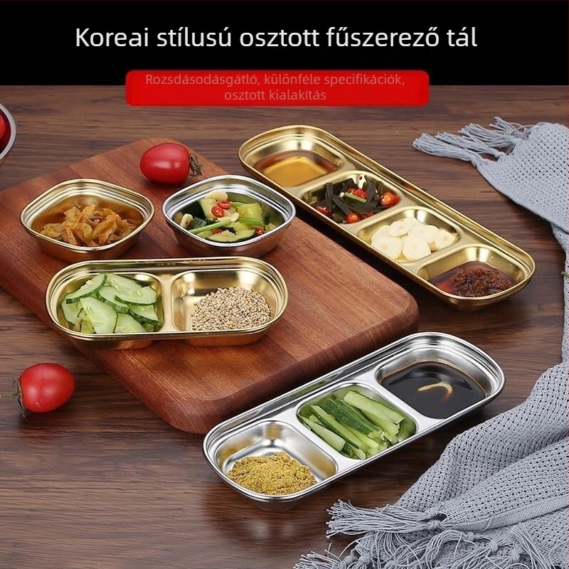 304 rozsdamentes acél ízesítő tál, koreai stílusú arany tónusú, több rekeszessel rendelkező mártásos tál forró fazékhoz és grillezéshez