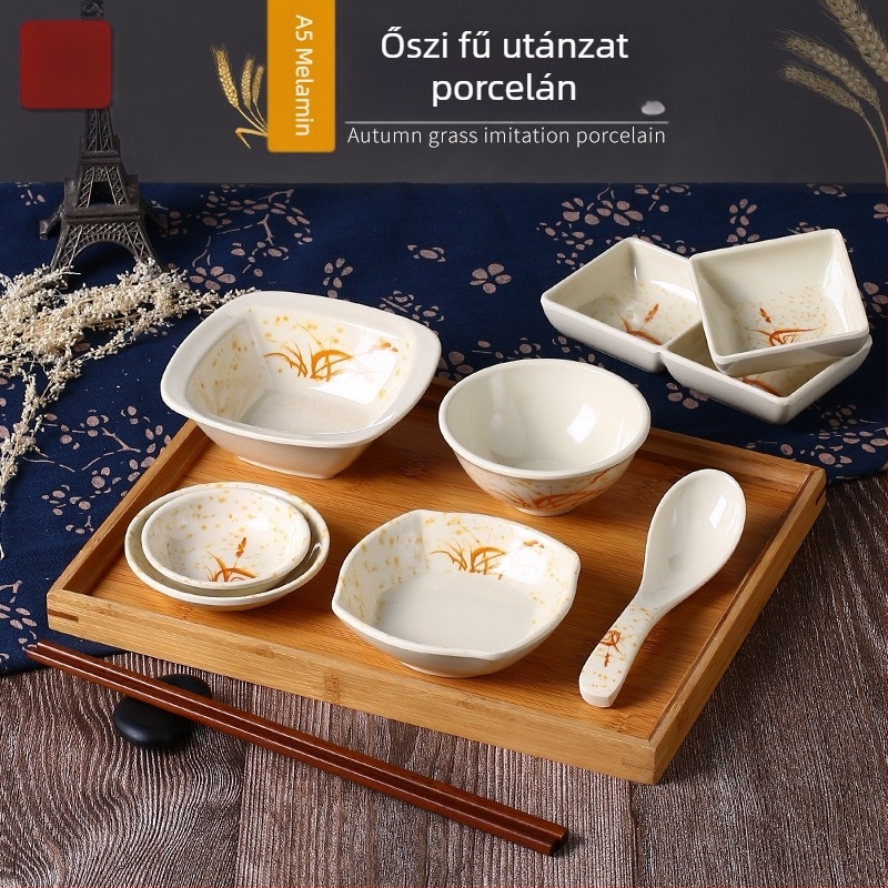 A5 virágmintás melamín edénykészlet, porcelánhatás, 14 cm átmérő; tartalmaz szószostálat, ecetostálat, olajtálat, nasi tálat és kis kóstoló tálat