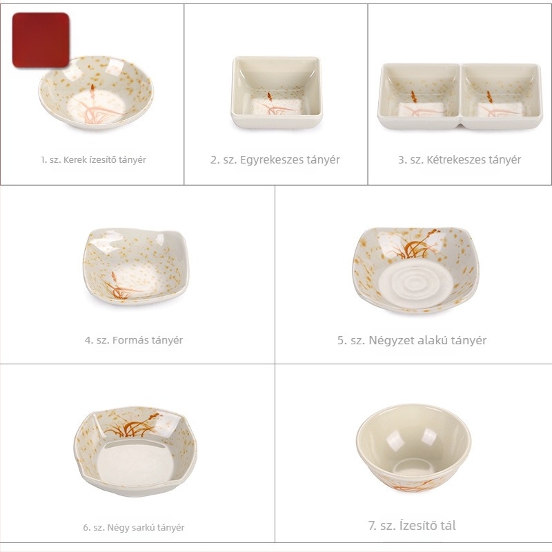 A5 virágmintás melamín edénykészlet, porcelánhatás, 14 cm átmérő; tartalmaz szószostálat, ecetostálat, olajtálat, nasi tálat és kis kóstoló tálat