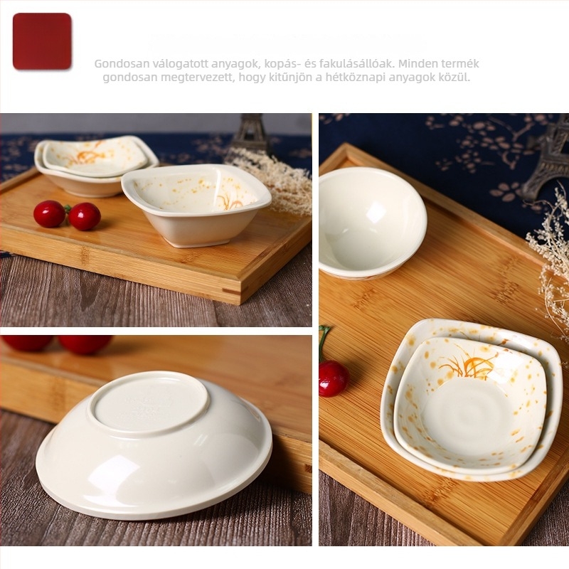 A5 virágmintás melamín edénykészlet, porcelánhatás, 14 cm átmérő; tartalmaz szószostálat, ecetostálat, olajtálat, nasi tálat és kis kóstoló tálat