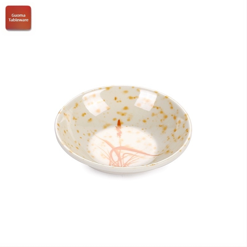 A5 virágmintás melamín edénykészlet, porcelánhatás, 14 cm átmérő; tartalmaz szószostálat, ecetostálat, olajtálat, nasi tálat és kis kóstoló tálat