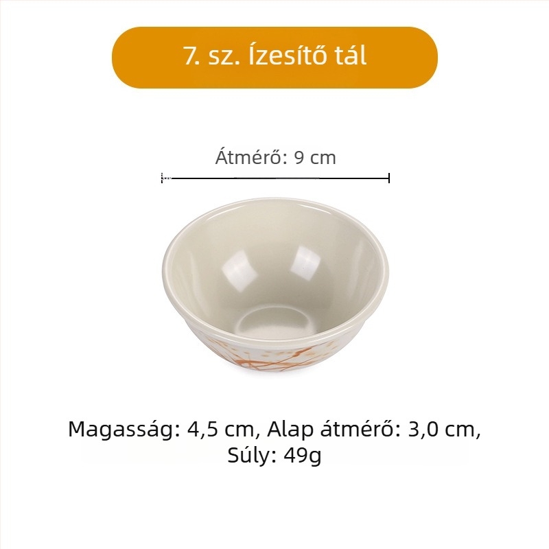 A5 virágmintás melamín edénykészlet, porcelánhatás, 14 cm átmérő; tartalmaz szószostálat, ecetostálat, olajtálat, nasi tálat és kis kóstoló tálat