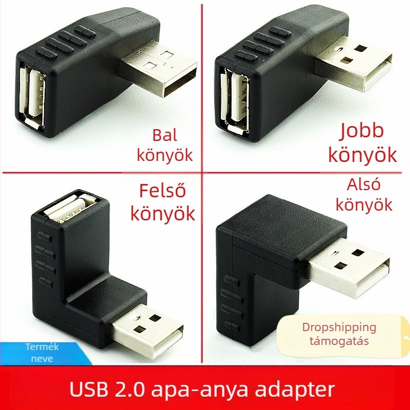 USB 2.0 A-male to A-female adapter, 90°-os szög, adatátviteli hosszabbító