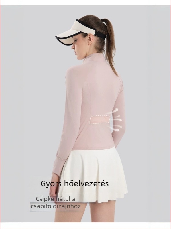 Női csipkés jóga- és napvédő felső, nyár, karcsúsított szabás, hosszú ujjú, álló gallér, vékony Ice Silk anyag
