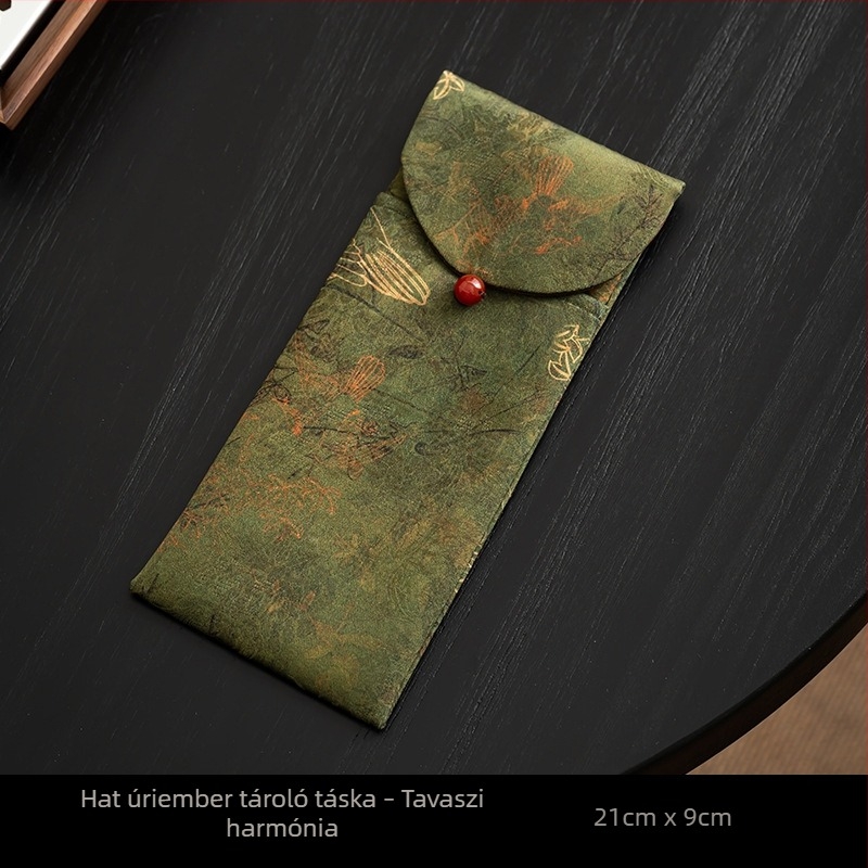 Gongfu tea ceremóniához hat eszközből álló készlet textil tárolótáskával, teáskanállal, teásklipe és tea ébresztő eszközzel