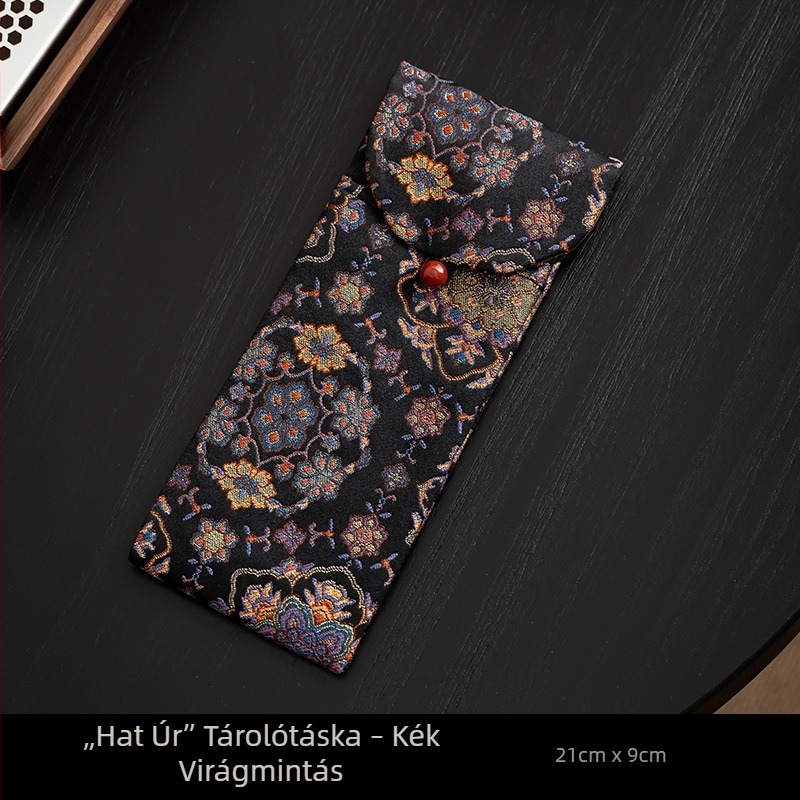 Gongfu tea ceremóniához hat eszközből álló készlet textil tárolótáskával, teáskanállal, teásklipe és tea ébresztő eszközzel