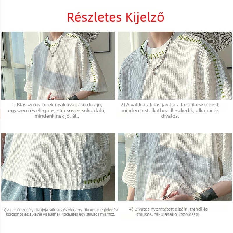 Designer-ihletett, szabálytalan szabású férfi rövid ujjú póló, laza fazon, geometriai mintával