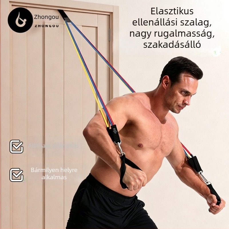 Otthoni ellenálláshenger hát- és mellizom edzéséhez, 15 lb sárga és 20 lb piros elasztikus kötéllel, ajtóhoz rögzítő, lábszíj és hordtáska