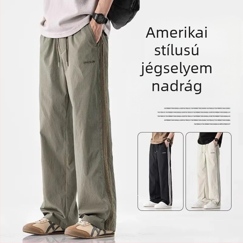 Férfiaknak vékony Ice Silk casual nadrág, nyárra, amerikai stílusú széles szabás, laza egyenes szárú