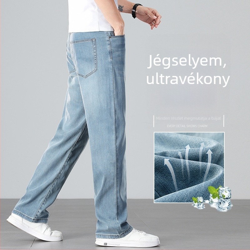 Férfi nyári ultra vékony Lyocell nadrág, egyenes szár, középmagas derék, zipzár, öt zseb