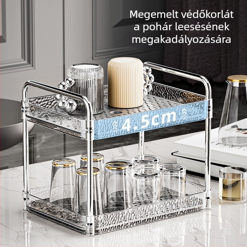 Konyhai pohártartó dupla tálcával, átlátszó PET anyagból