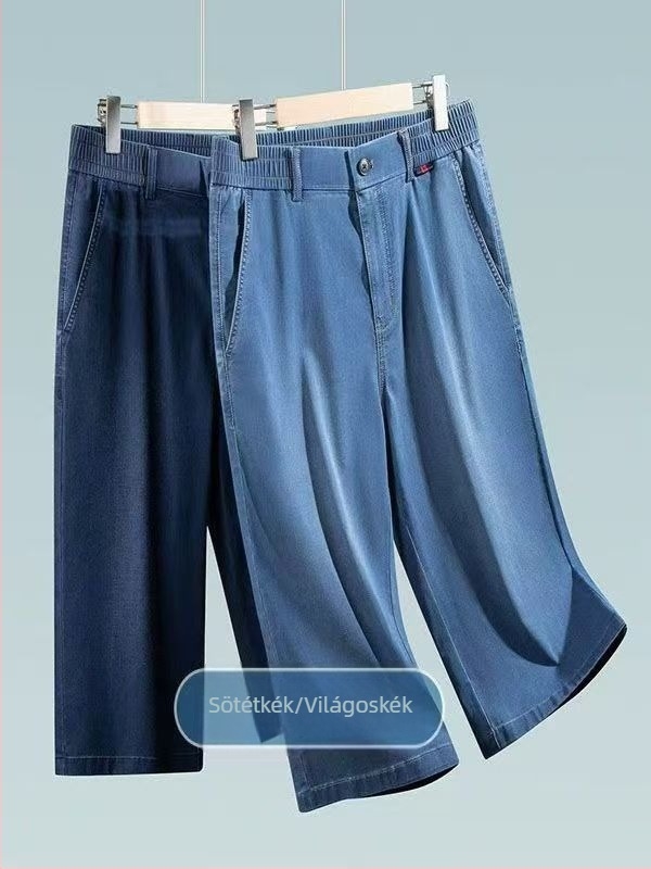 Férfi cropped farmernadrág Tencel anyagból, nyárra, ultra vékony, magas derekú, nagy méret, laza szabás, rugalmas, mindennapi nadrág apuka-stílus.