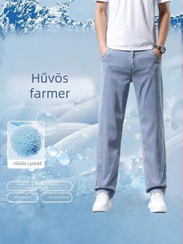Férfi nyári farmernadrág, laza egyenes szárú, vékony denim