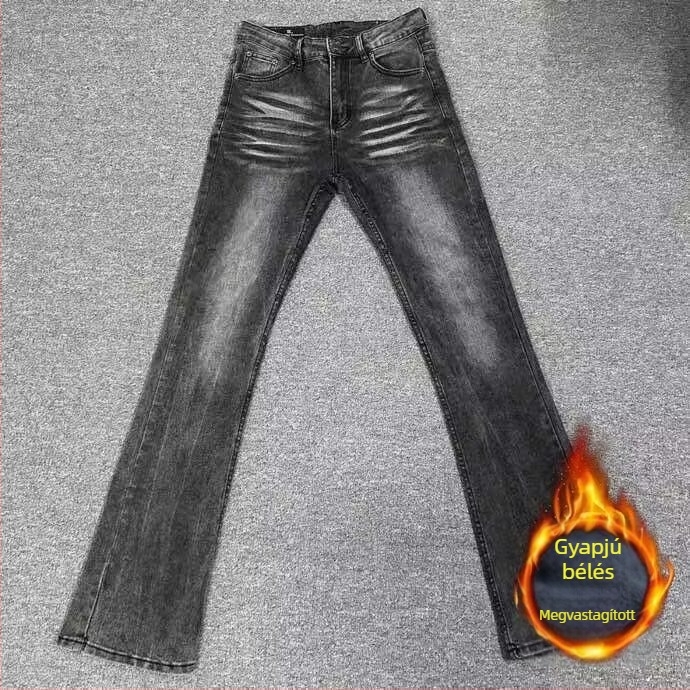 2026 Férfi farmerok, fekete mosott, fleece bélés, egyenes/slim szabás, mikro bővülés, denim