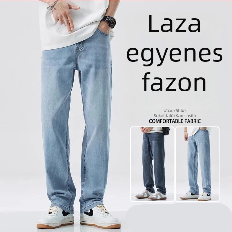 Férfiak számára egyenes szabású, mosott farmernadrág nyárra, vékony anyagú, sokoldalú, elasztikus, kényelmes hosszú nadrág