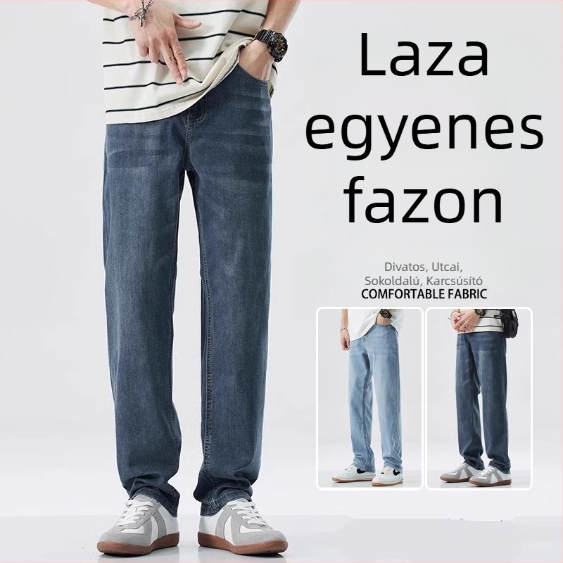 Férfiak számára egyenes szabású, mosott farmernadrág nyárra, vékony anyagú, sokoldalú, elasztikus, kényelmes hosszú nadrág