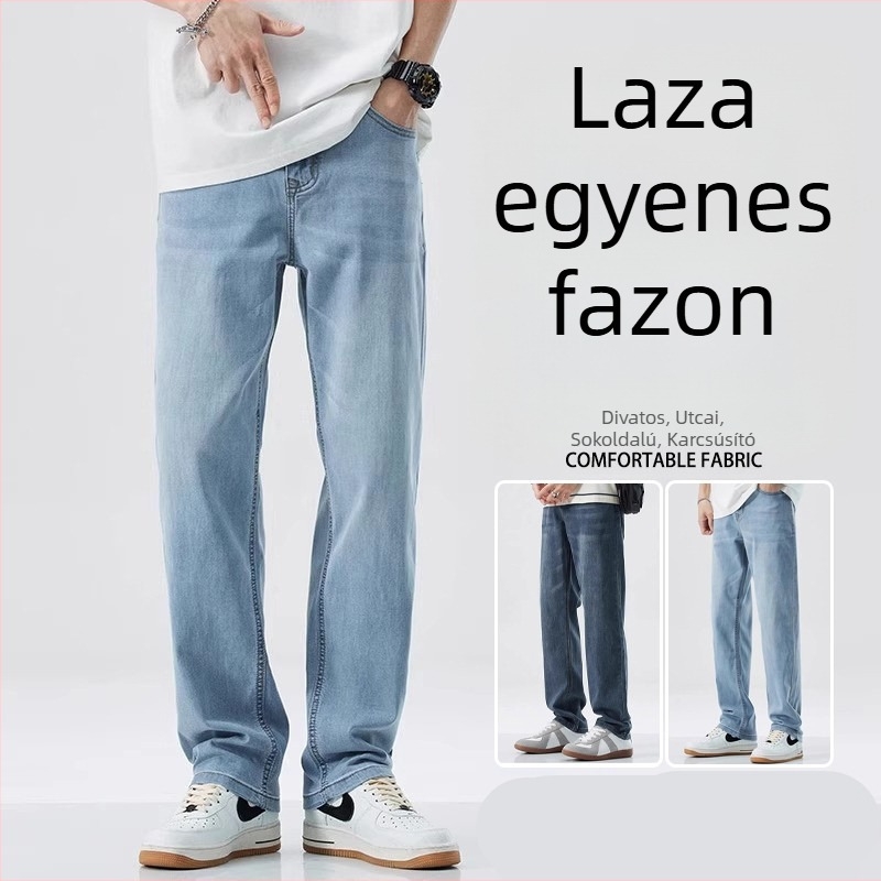 Férfiak számára egyenes szabású, mosott farmernadrág nyárra, vékony anyagú, sokoldalú, elasztikus, kényelmes hosszú nadrág