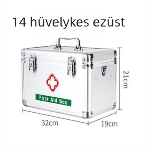Otthoni használatra készült alumínium ötvözetű, többrétegű gyógyszeres doboz, 4 rekesz, hordozható, méretei 35×20×22 cm