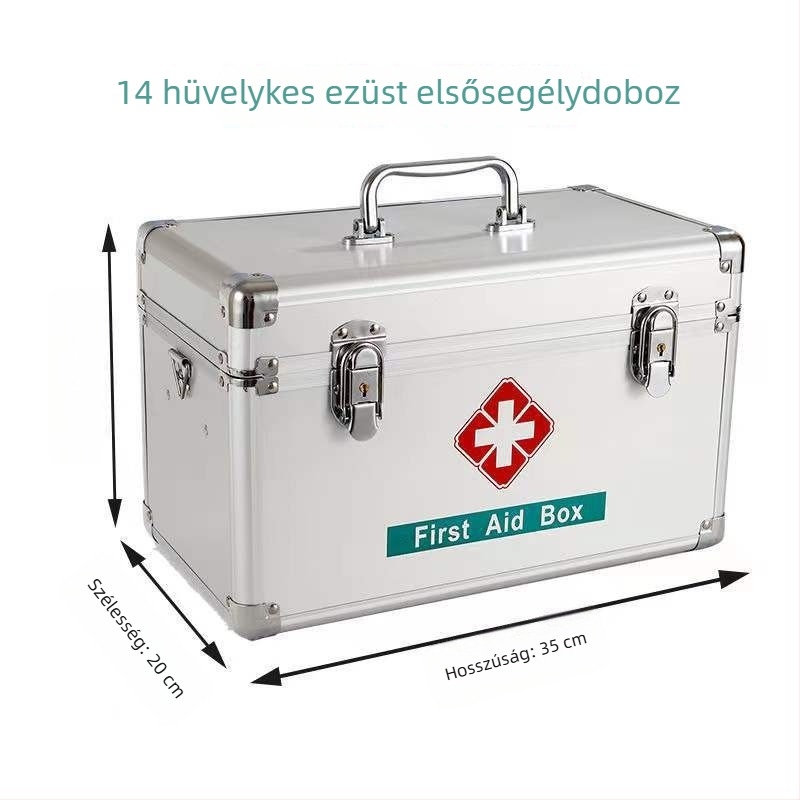 Otthoni használatra készült alumínium ötvözetű, többrétegű gyógyszeres doboz, 4 rekesz, hordozható, méretei 35×20×22 cm