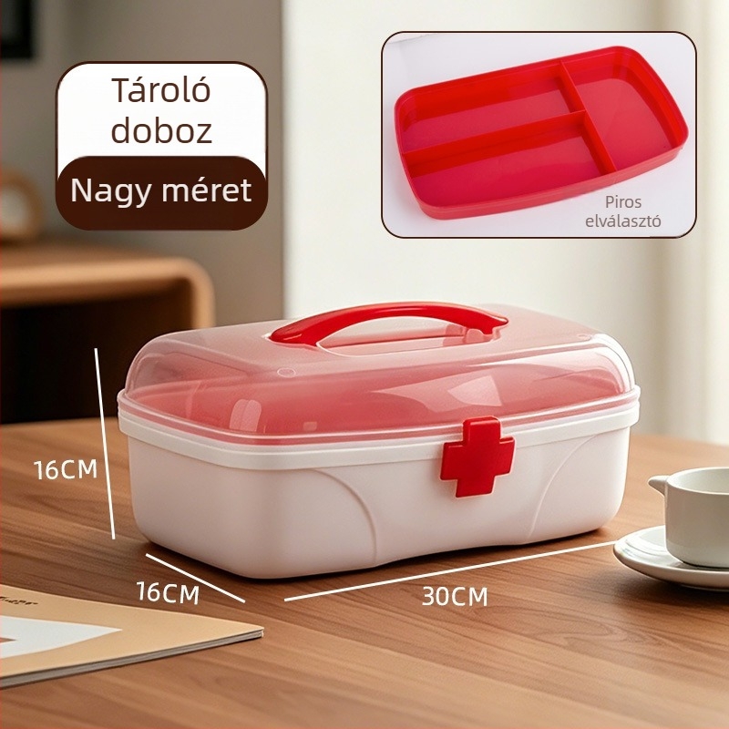 Otthoni gyógyszertároló doboz, három rekeszes rendező, nagy rétegzett orvosi doboz