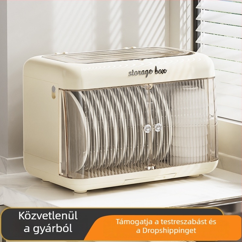 Konyhai edények szárítóállvány és tároló doboz a tányérok és evőeszközök számára, fedeles asztali szekrény