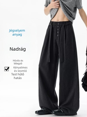 Csíkos Ice Silk férfi nadrág, nyár, könnyű, laza szabás, széles szárú, középső derék, övvel