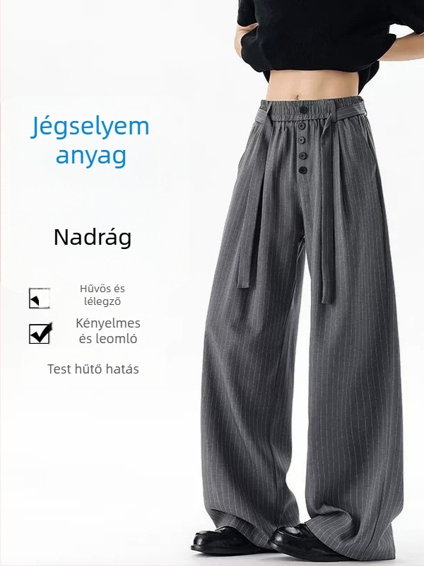 Csíkos Ice Silk férfi nadrág, nyár, könnyű, laza szabás, széles szárú, középső derék, övvel