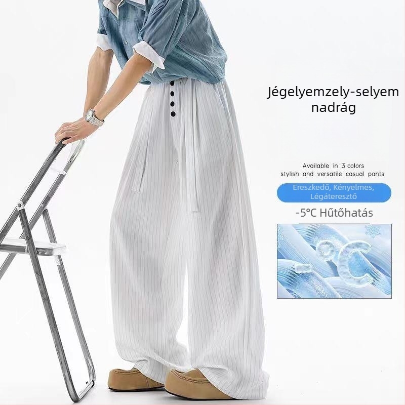 Férfi csíkos nyári vékony nadrág jég-selyem hatású anyagból, széles szárú, prémium eséssel