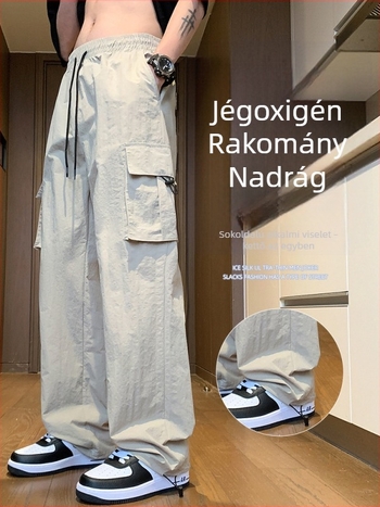 Jégselyem férfi munkásnadrág – nyári vékony, laza, egyenes szabás, casual nadrág, 2025 új stílus, elasztikus széles láb