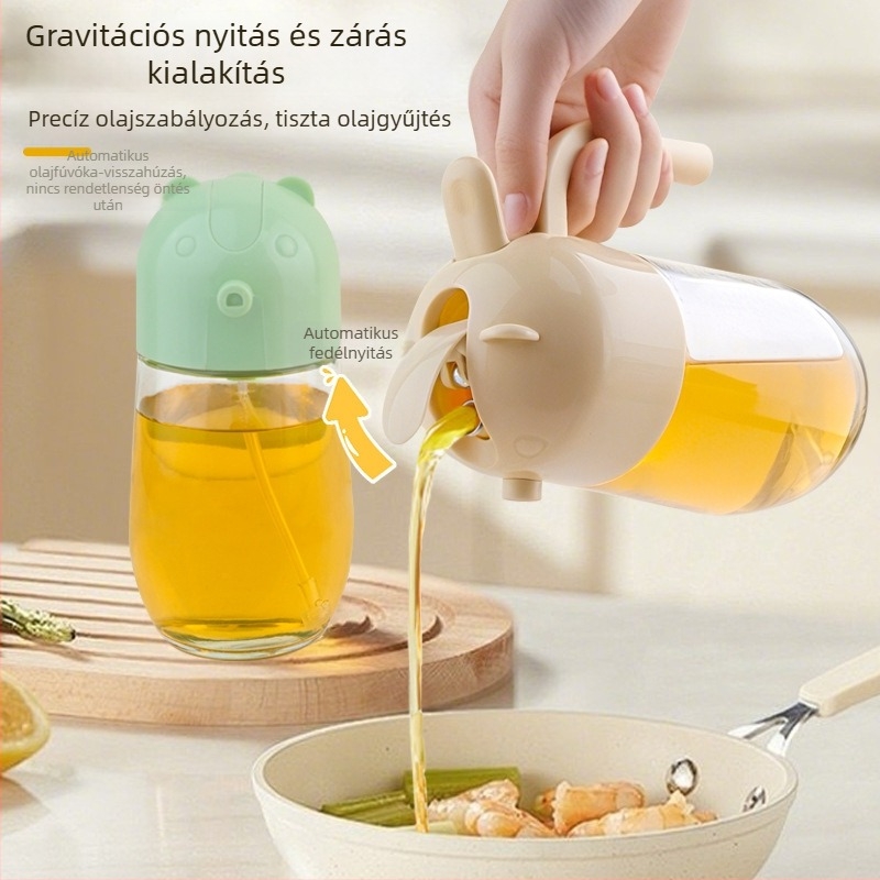 Üveg olajspray-palack, kettős funkciójú konyhai olajtartó, automatikus nyitás-zárás, nyomásra permetező fűszerekhez
