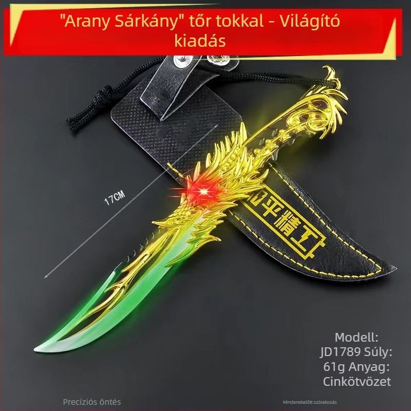 17 cm-es pengével ötkarú arany sárkány tőr bőrtokkal, cinkötvözet modell-dísztárgy és kulcstartó