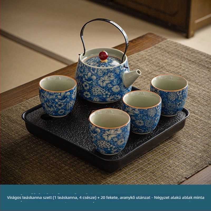 Ru Kiln emelő fogantyú teáskészlet, kínai stílusú kék-fehér porcelán, kiváló minőségű, égésmentes, otthoni Gongfu tea készlet