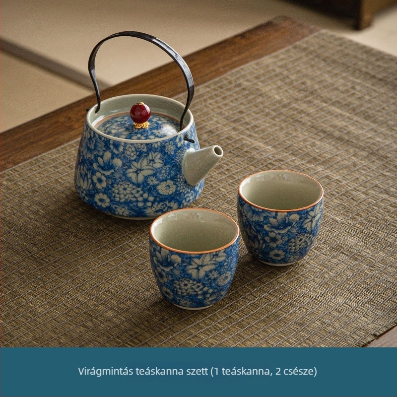 Ru Kiln emelő fogantyú teáskészlet, kínai stílusú kék-fehér porcelán, kiváló minőségű, égésmentes, otthoni Gongfu tea készlet