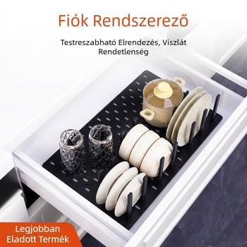 Fiókos konyhai szervező perforált táblával, összecsukható leeresztő polc edényekhez