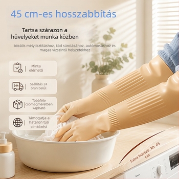 Vastagított latex kesztyűk, hosszított hosszúsággal, vízálló és tartós mosogatáshoz és ruhák mosásához