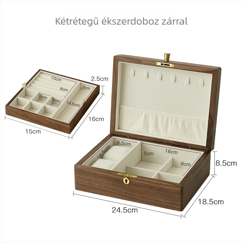 Fekete diófa ékszerszekrény, masszív fa, két rekesz gyűrűknek és fülbevalóknak – prémium, kifinomult