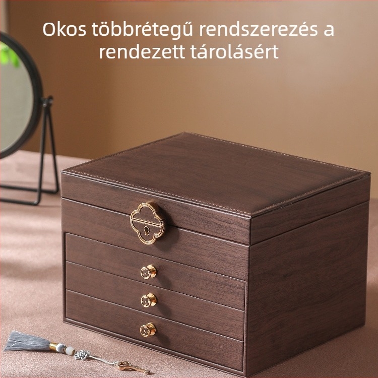 Többszintes ékszerdobozfa fa erezetes mintával, retro stílus, minimalistikus és luxus jellegű tároló, négyzetes alak, nyomógombos zárás, vízálló, modell 2025