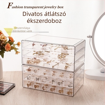 Átlátszó fiókos ékszeres doboz fülbevaló és gyűrű rekeszekkel, akril asztali szervező