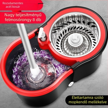 Forgó mop vödörrel és kéz nélküli kicsavarással, lapos mikroszálas fej a padló tisztításához.