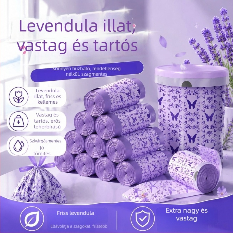 Levendula színű szemeteszsákok, vastított háztartási zsákok húzózsinórral, szakadásálló, konyha- és iroda használatra, extravastag